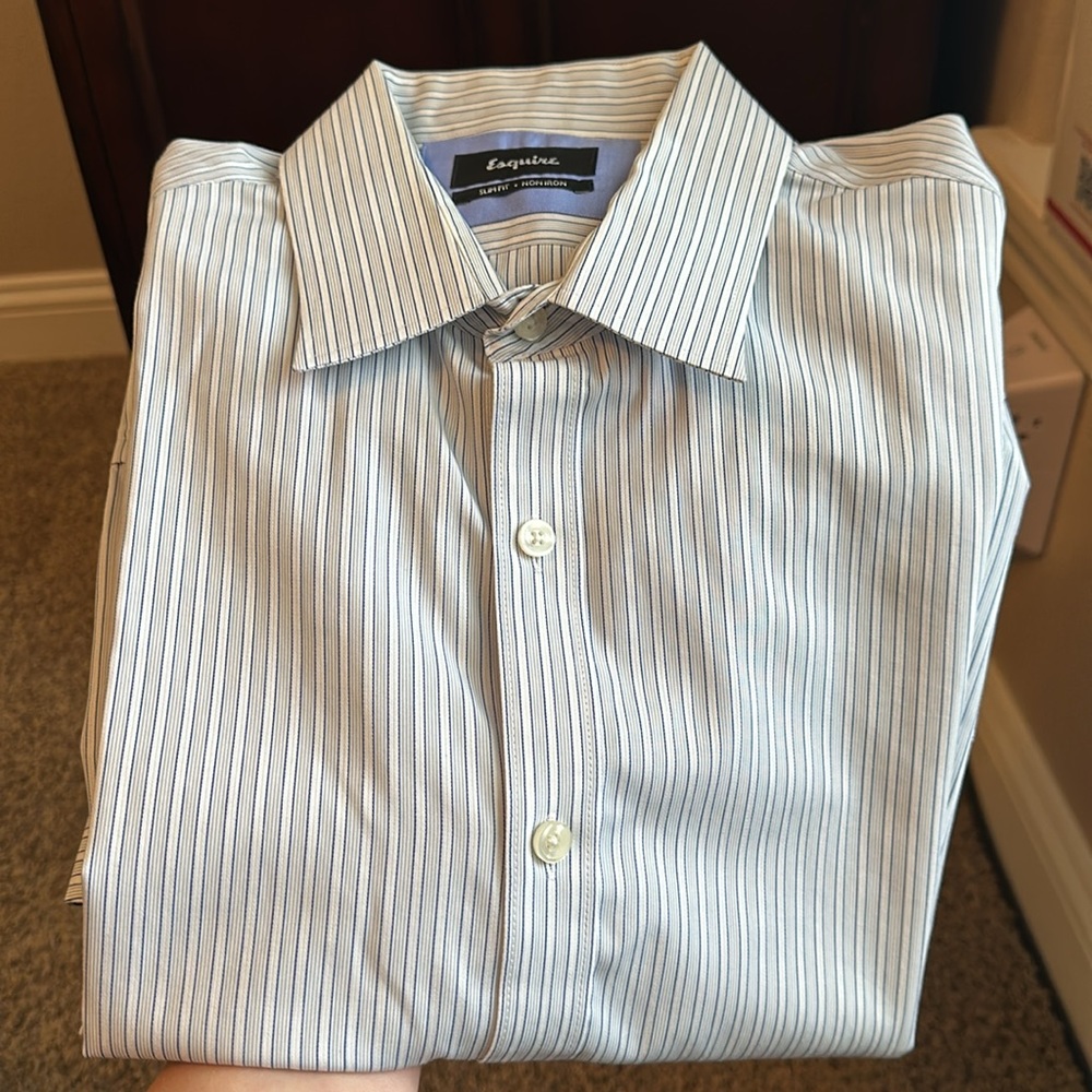 𝅺ESQUIRE, men’s slim fit, non-iron, long sleeve dress shirt. Blue/gray/white.